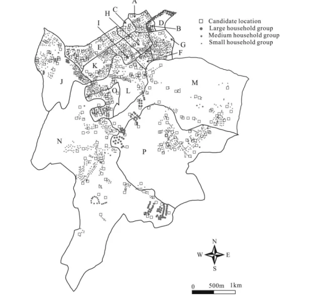 Fig. 1. Study area, household groups, and candidate depot locations