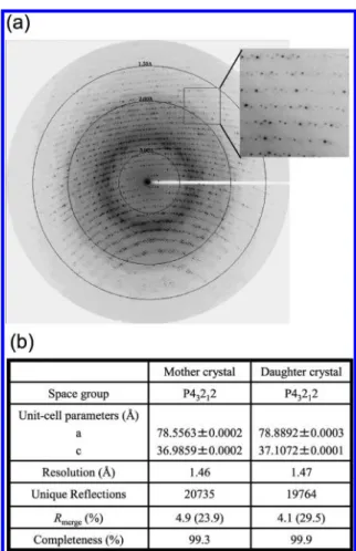 Figure 2. (a) Representative X-ray diﬀraction pattern of the daughter crystal shown in Figure 1b which was produced by a single 0.2 μJ femtosecond laser pulse