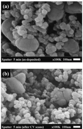 Fig. 5. SEM images of the Pt 50 Fe 11 Co 10 Ni 11 Cu 10 Ag 8 catalyzed GDEs