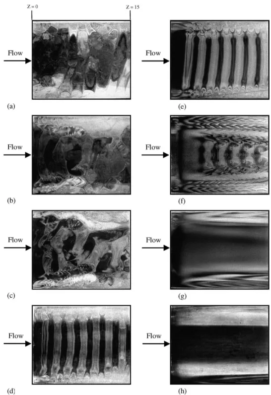 Fig. 6. Top view ﬂow photos at steady or statistical state for Ra ¼ 8001 and Re ¼ 5:0 for various top plate temperatures at h t ¼ 0:0 (a),