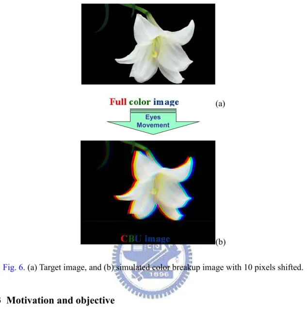 Fig. 6.  (a) Target image, and (b) simulated color breakup image with 10 pixels shifted