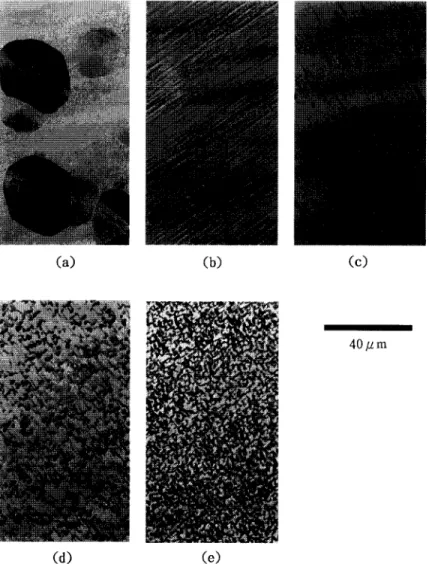 Fig.  1.  The  surface  morphologies of the  GaSb  layers  grown at  (a)  500,  (b)  525,  (c)  550,  (d)  575  and  (e)  600°C  with  V / I I I  =  1