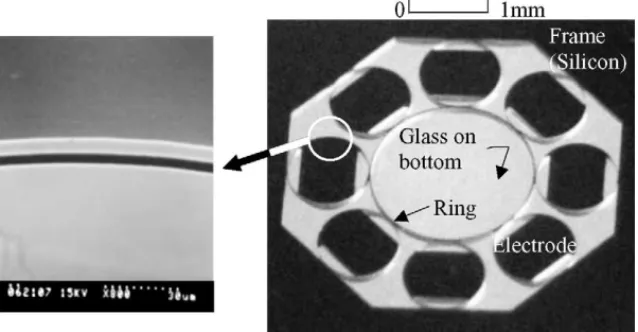 Fig. 11. Photographs of the ring-type motion sensor: top view of the structure with a height of 180 ␮m, backlight through the glass and detailed view of structure of the gap between the ring and the electrode (SEM).