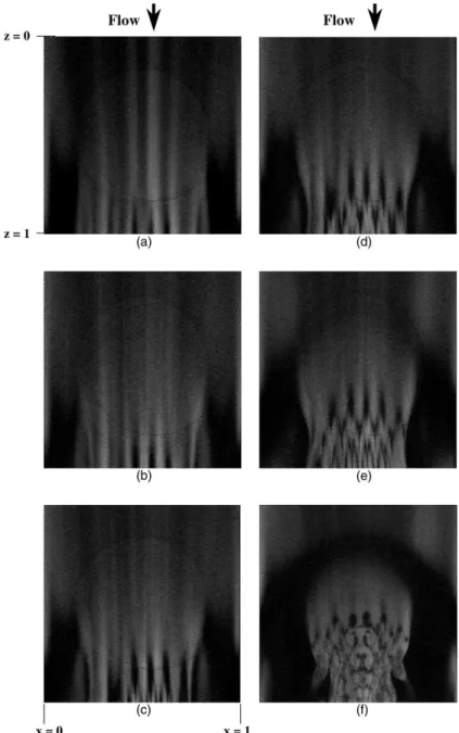 Fig. 6. Top view ﬂow photos at steady or statistical state for Ra ¼ 10,536 on the plane y ¼ 0:5 for Re ¼ ðaÞ 82:3, (b) 61.5, (c) 51.2, (d) 40.7, (e) 30.4 and (f) 15.1.