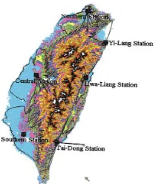 Fig. 1. Coverage map of the six DTV transmitting stations in Taiwan. (  = 90, E = 41 dB  V/m).