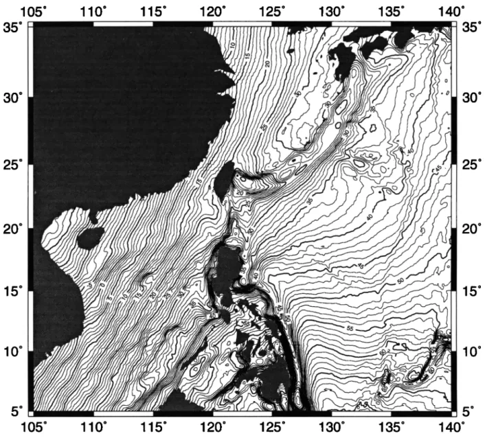 Figure  6.  The predicted altimetric-gravimetric  geoid over the Western Pacific; contour interval 