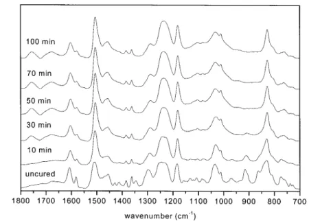 Figure 8 FTIR spectra, at various times, of DGEBA/MP at 220°C.