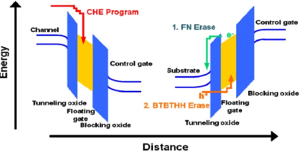 Fig. 1-3 Electron flow and hole flow during programming or erasing [1.5]. 