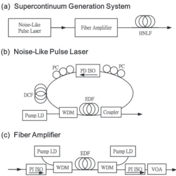 Fig. 1. Schematics of (a) supercontinuum generation system, (b) noise-like pulse laser, and (c) fiber amplifier