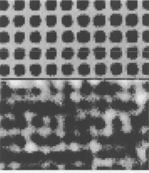 FIG. 5. Photographs taken under an optical microscope. The upper part shows a mask with a 2 ¹m square lattice opening