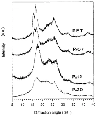 Figure 4 DSC heating scan thermograms of various phosphorus-containing copolyesters P A 07, P A 12, P A 30, and PET.
