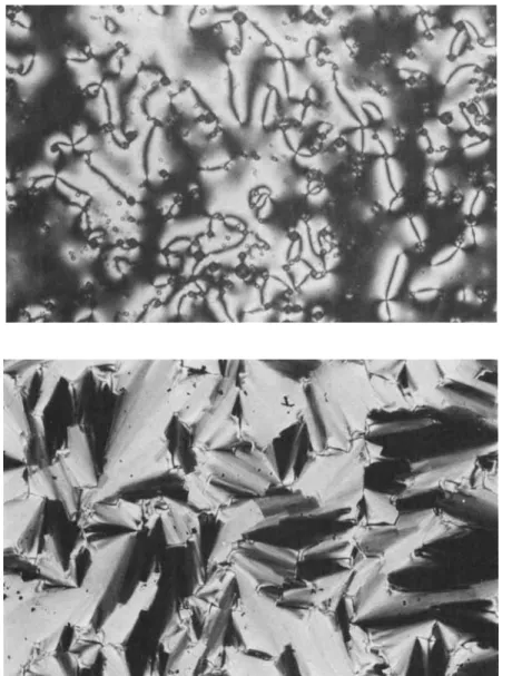 Figure  1.  Optical polarized micrographs displayed by monomer  IXM  (8OX )  :  ( A )  Nematic  schlieren texture obtained after cooling to 68"C,  ( B )   focal-conic texture of the smectic  A  phase obtained after cooling to 61.OoC, ( C )  arced focal