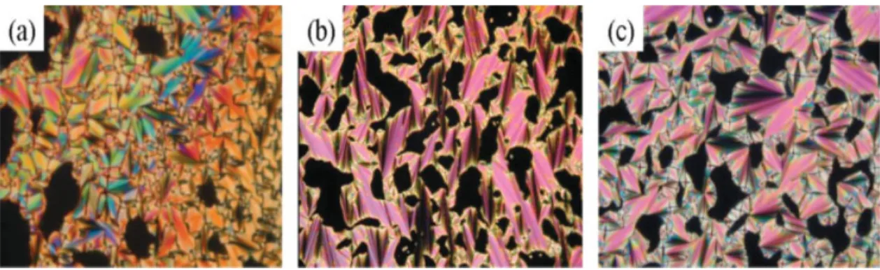 Figure 3. Polarized optical microscopy of the fan-shaped textures exhibited by (a) LC-6, (b) LC-11, and (c) LC-12 at 100  C.
