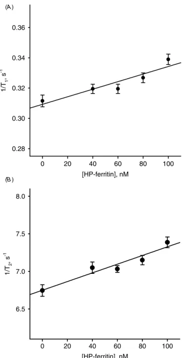 Figure 7. The molecular relaxivity of the synthesized IONPs. Various concentrations of the sample were prepared in 0.75% agarose; T1 and T2 were determined at 37 ◦ C using a contrast agent analyzer