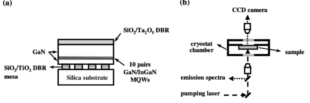 Fig. 1. (a) Schematic structure of the GaN-based VCSEL sample. (b) Experiment setup. 