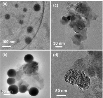 Figure 8. Transmission electron micrographs of F68-IO nanocapsules showing a) uneven shrinkage after heating to 45 8C; b) unevenly  restruc-tured core and shell after magnetic heating, with c) structure disruption and faceting, and d) crystal coarsening.