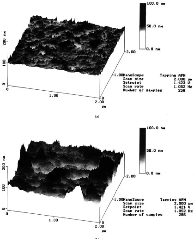 Fig. 2. The AFM (atomic force microscope) images of the surface of the polysilicon films doped with (a) phosphorus in situ (580  C ) and (b) POCl3 (950  C ):