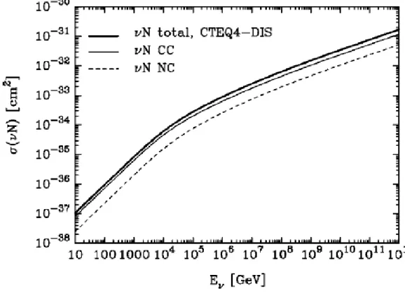 Figure 3.3: Cross section for νN interactions at high energies according to CTEQ4- CTEQ4-DIS parton distribution [2].