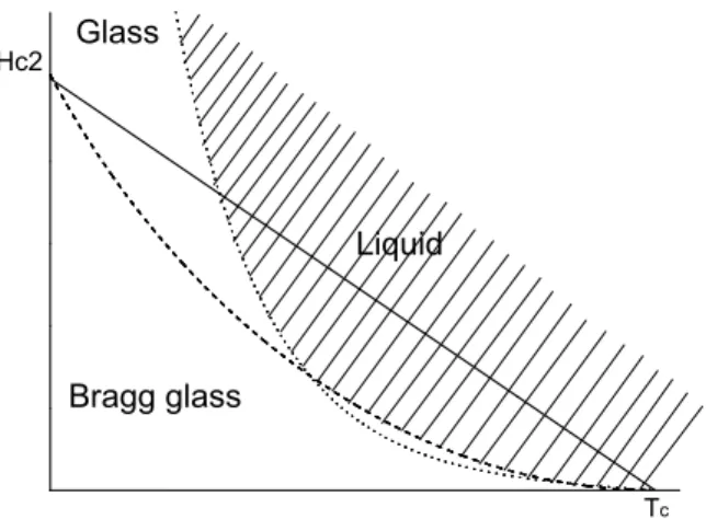 diagram is summarized in Fig. 1. There are four phases separated by two transition lines [16]: Bragg glassGlass Liquid TcHc2