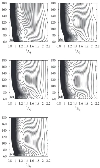 FIG. 2. Contour plot of the fitted potential energy surfaces for the low-lying electronic states (a) 1 A