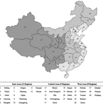Fig. 1. The administrative regions and three major areas in China.
