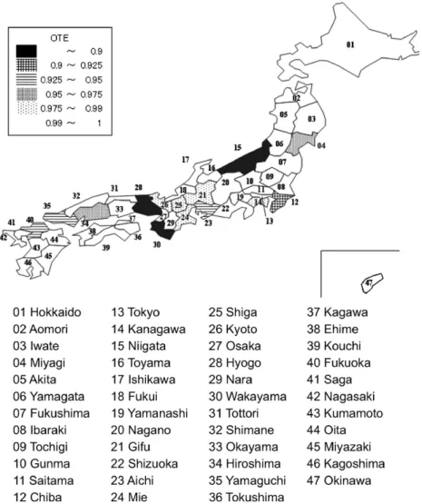 Fig. 2. Geographic distribution of efﬁcient and inefﬁcient regions in Japan.