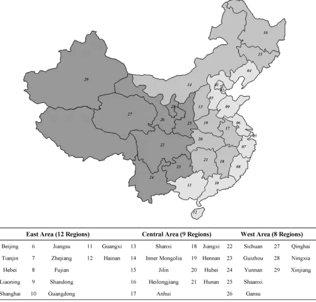 Fig. 1. The administrative regions and three major areas in China.