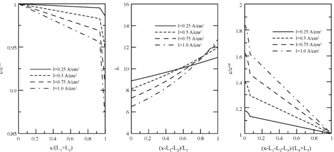 Fig. 2 presents the steady-state distributions of the water con- con-tent under four different operating current densities, with the humidification parameter k 0.01 cm s −1 , the relative humidity of water vapor on the cathode and anode sides 100%, and the