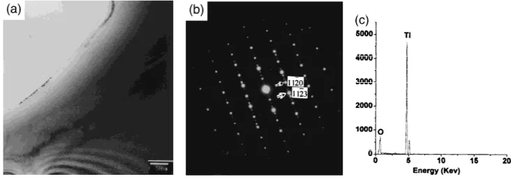 Fig. 8. (a) Bright-field image of Ti 3 O. (b) SADP, Z ⳱ [1100]. (c) EDS.