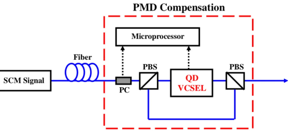 Fig. 10. Proposed architecture for the PMD compensation using a QD VCSEL. (SCM signal:  subcarrier multiplexed signal, PBS: polarization beam splitter) 