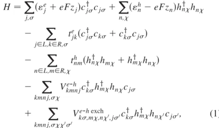 FIG. 1 (color online). Schematic diagrams of (a) a double QD structure and (b) spin-exciton configurations