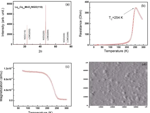Figure 1. The (a) resistance versus temperature (R-T) curve, (b) magnetization versus temperature (M-T) curve, (c) X-ray diffraction (XRD) pattern, and (d) atomic force microscopy (AFM) image of the La 0 .7 Ca 0 .3 MnO 3 sample.