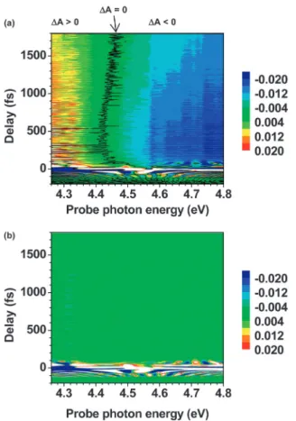 Fig. 5 (a) The measured diﬀerence absorbance trace of the thymine sample averaged over the photon energy range between 4.70 and 4.75 eV (gray line)