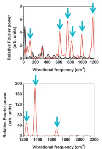 Fig. 8 The Fourier power spectrum of the diﬀerence absorbance trace averaged in the photon energy range of 4.28–4.30 eV for the thymine sample (solid line) and the pure water sample (solid area)