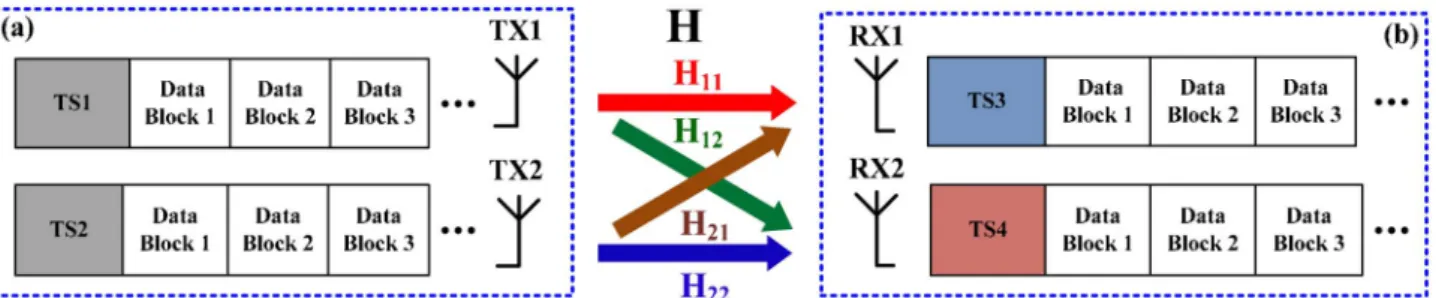Fig. 2. Concept of 2 × 2 MIMO technique with unique-word sequences: (a) transmitter and (b) receiver.
