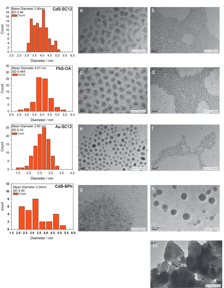 Fig. 1. TEM images of CdS-SC 12 (a and b), PbS-OA (c and d), Au-SC 12 (e and f), CdS-SPh(g and h), and (i)