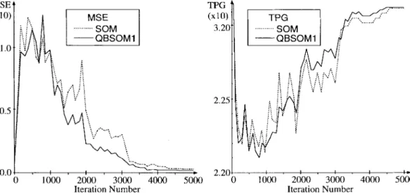 Fig. 5. The illustration of the obtained MSE and TPG versus the iteration numbers for the proposed QBSOM1