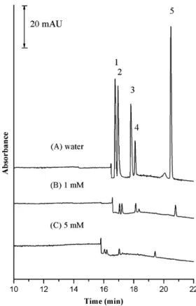 Fig. 4. Inﬂuence of the sample injection time on CSEI–sweeping-MEKC. (A) 300 s, (B) 600 s, (C) 900 s, and (D) 1200 s