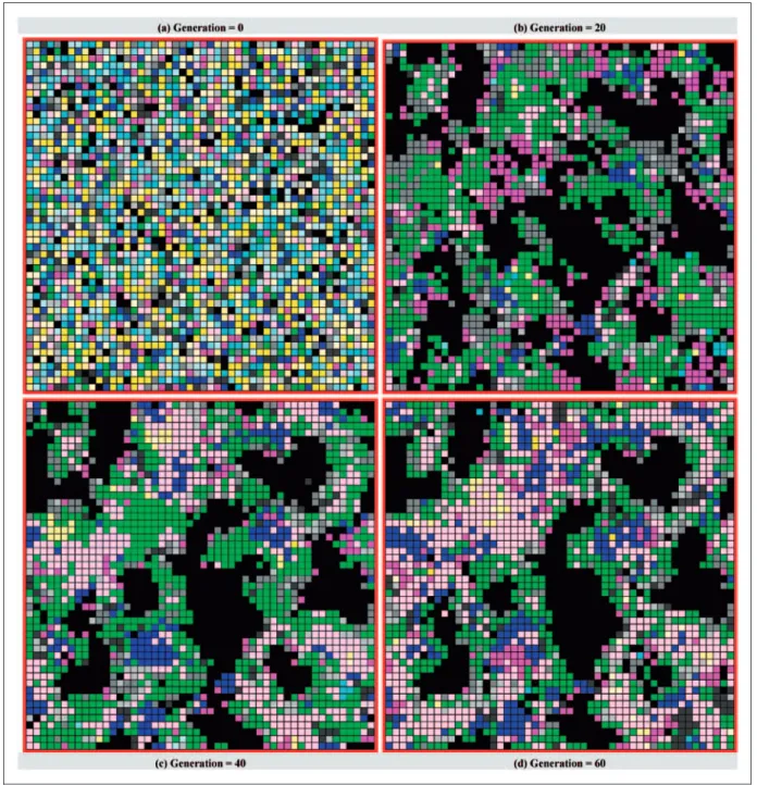 Figure 7. Spatial distribution in cellular automata of memory-1 deterministic strategic agents without self-awareness.
