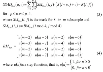 Fig. 2 describes the procedure of the content-based  subsample algorithm.  The algorithm first determines edge  pixels of the current macro-block and then generates the  content-based subsample mask (CSM)
