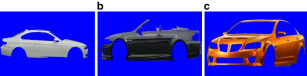Fig. 4 a –c The extracted car body candidates of the a white, b black, and c orange cars after the process of the SARM algorithm