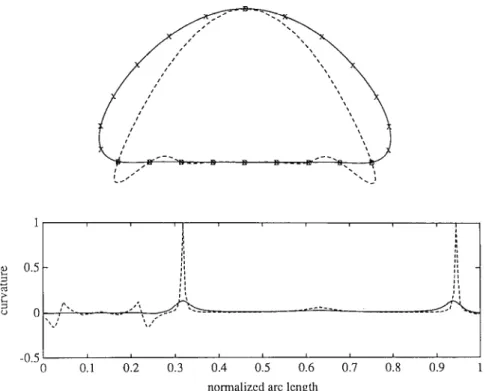 Fig.  7.  A  “half-circle”  shape  with  ten  actual  knots  is  fitted.  Circles  indicate  the  actual  knots  and  crosses  indicate  the  new  knots  after  virtual  knot  insertion