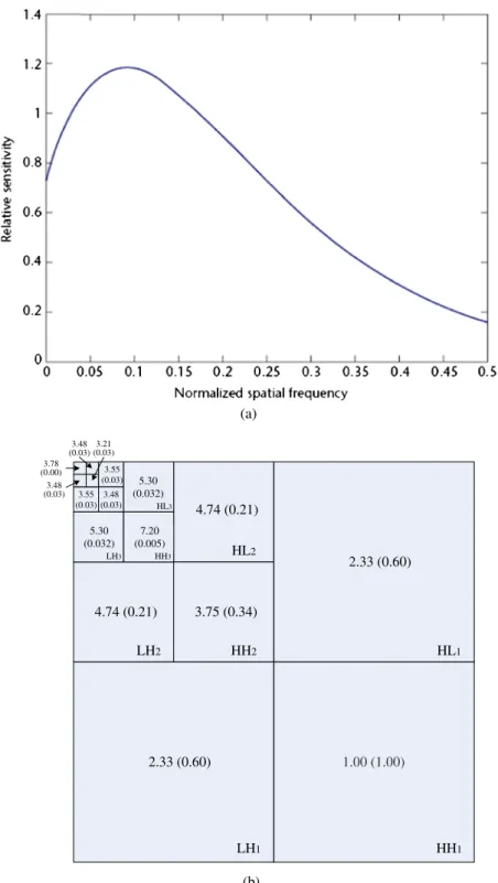 Fig. 1 a Luminance of contrast sensitive function. b DWT CSF mask with 11 unique weights after five-level wavelet pyramidal decomposition