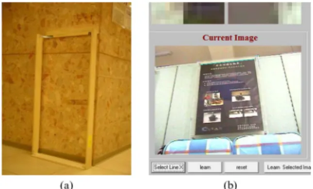 Fig. 3. Object images I L and I N taken in learning and navigation stages. (a) Red calibration line l L detected or selected manually