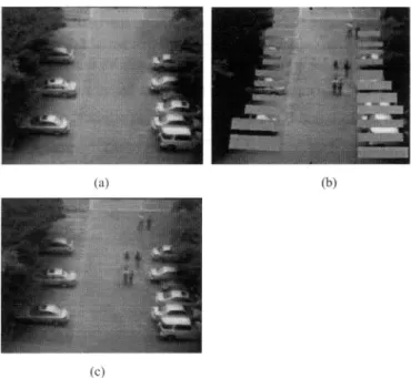 Fig. 4. (a) Image after (4): the noise of pedestrians would be removed, and the original color of the road is reserved