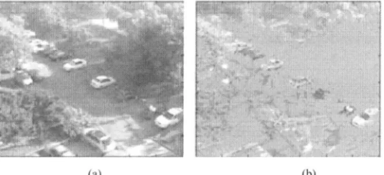 Fig. 6. (a) The original image. (b) Image after shadow detection: the pink pixels are those classified as shadow, and we can see color of cars remains.