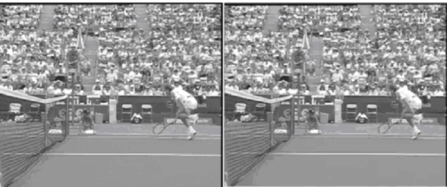 Fig. 5. Comparison of the 280th frames of STEFAN with difference bit allocation techniques when QP = 22: left: bit allocation with fixed QP (PSNR = 39:79 dB)