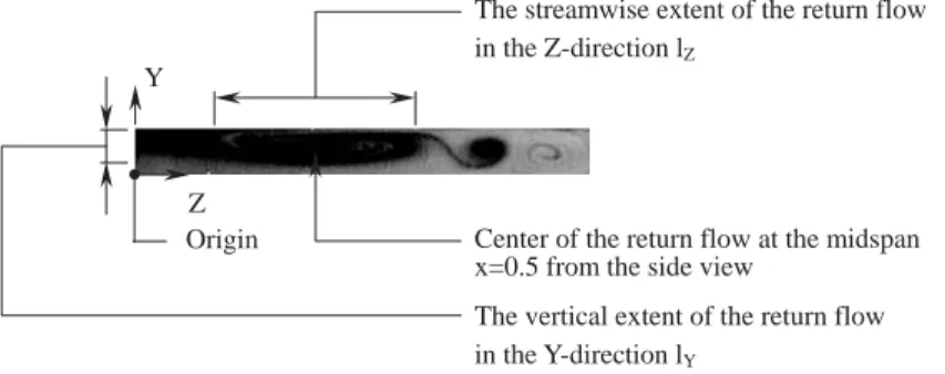 Fig. 8. Side view ﬂow photo at x ¼ 0:5 indicating the size and location of the upstreamreturn ﬂow zone.