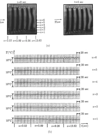 FIG. 12. Temporal structure of vortex flow from ~a! top-view photos and ~b! time records of air temperature on line y5 12 and