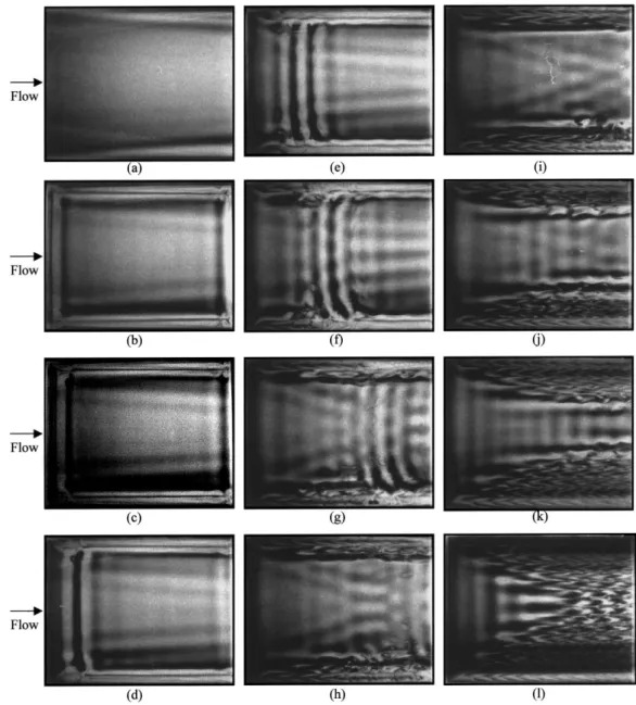 Fig. 9. Top view ¯ow photos showing the formation of mixed longitudinal and transverse rolls and downstream irregular cells by lowering Re from 20 to 3 in 6 s at Ra  2000 and t (a) 0 s, (b) 11 s, (c) 14 s, (d) 21 s, (e) 30 s, (f) 44 s, (g) 64 s, (h) 81 s,